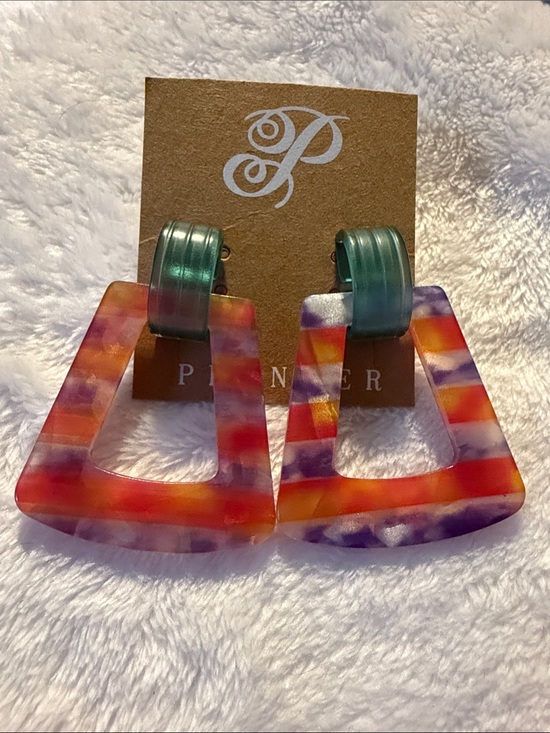 Plunder Jewelry - Plunder Multicolor Resin Trapezoid Drop Earrings with Teal Clips
